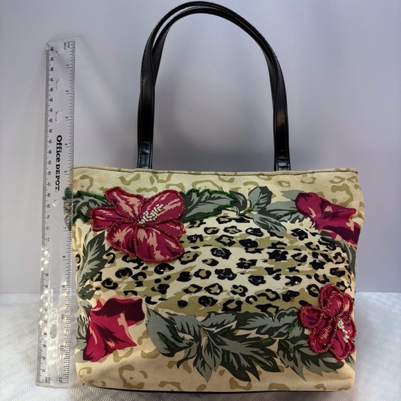 Handbags - Floral Print Tote Bag - Black and Cream w/Beaded Hibiscus Flowers